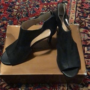 Black open toe high heel mules